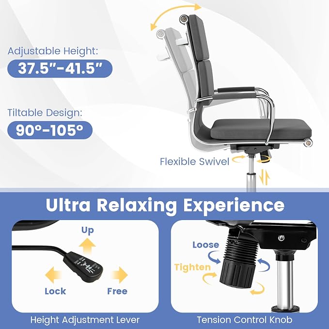 COSTWAY Ergonomic Office Chair, High Back Desk Chairs with Armrests, Comfy Lumbar Support, Rocking Function, Swivel Executive Computer Chair for Home Office, Grey