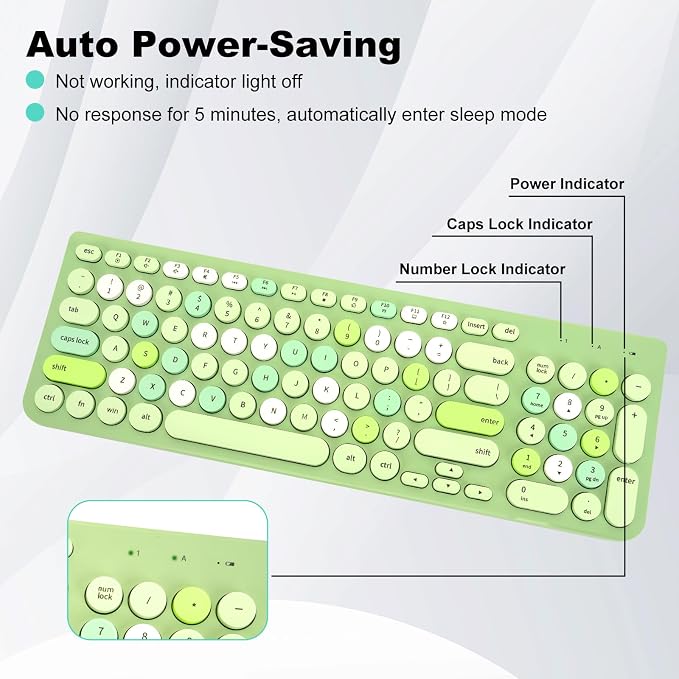 Wireless Keyboard and Mouse Combo, Retro Typewriter Keyboard with Round Keycaps, 2.4GHz USB Cute Wireless Keyboard Mouse for Computer, Desktop, Laptop (Green Colorful)
