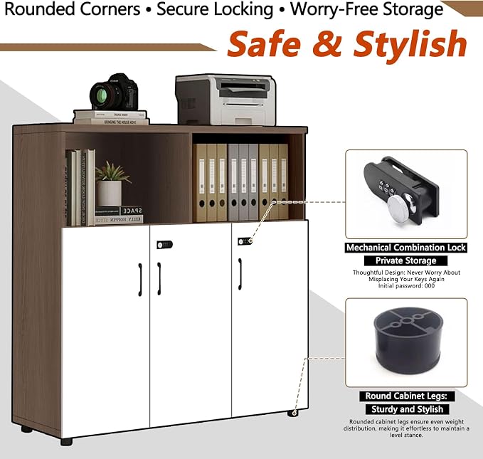 File Cabinet with Password Lock, Wood Lateral Filing Cabinet for Letter/A4 Files, 3 Drawer with Door, Printer Stand with Open Shelves for Home Office