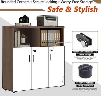 File Cabinet with Password Lock, Wood Lateral Filing Cabinet for Letter/A4 Files, 3 Drawer with Door, Printer Stand with Open Shelves for Home Office