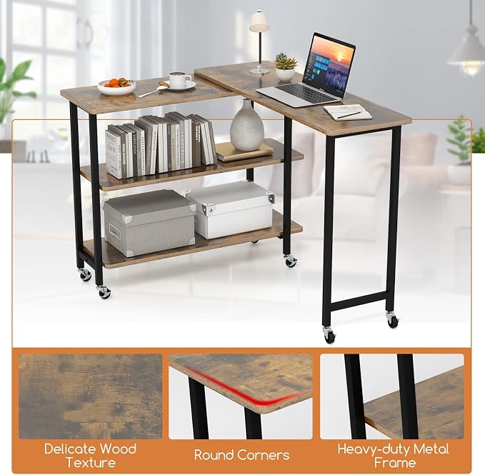 GOFLAME 360° Rotating Sofa Side Table, Mobile Couch Side End Table with 2-Tier Storage Shelves, Swivel Rolling Desk w/Metal Frame, 6 Casters, Movable Laptop Table for Home Office, Patented, Brown