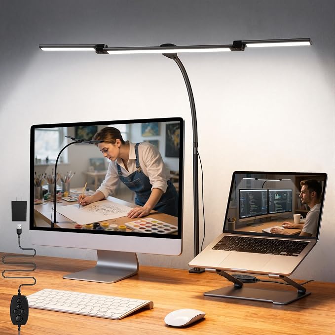 LED Desk Lamp for Office Home, 3 Head Adjustable Computer Monitor light Bar Stepless Dimming, Eye Caring Architect Desk Lamp Table Lamp Clip on Desk Light with Clamp for Reading Study Workbench Black