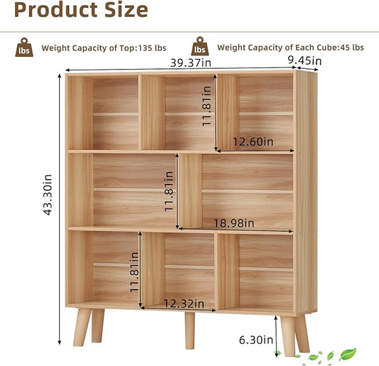 LEYAOYAO Wooden 8 Cube Book Shelf, Natural 3 Tier Bookshelf with Legs, Modern Open Storage Organizer,Boho Bookcase,Display Cabinet Shelf Free Standing Bookshelves for Bedroom,Living Room,Office