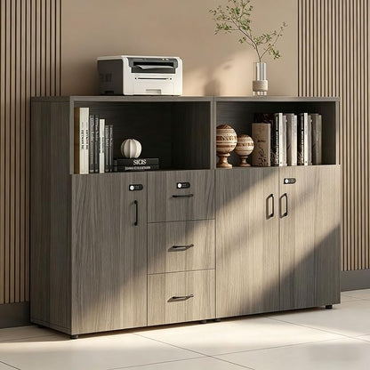 File Cabinet with Password Lock, Wood Lateral Filing Cabinet for Letter/A4 Files, 3 Drawer with Door, Printer Stand with Open Shelves for Home Office