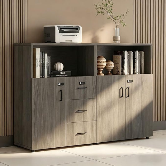 File Cabinet with Password Lock, Wood Lateral Filing Cabinet for Letter/A4 Files, 3 Drawer with Door, Printer Stand with Open Shelves for Home Office