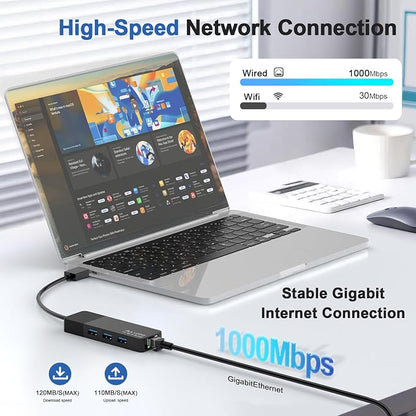 ALL-LUCKY USB Hub with Ethernet Adapter, 4-in-1 USB 3.0 Gigabit Network Hub (1000Mbps, 3×USB 3.0 + RJ45), Plug and Play for Laptop/PC/MacBook/Surface Pro/Dell XPS/HP, Windows/Mac OS/Chrome OS