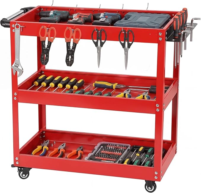 3-Tier Rolling Tool Cart, Heavy Duty Metal Utility Cart with Side Hooks and Handle, 330lbs Capacity Service Organizer for Garage Warehouse Workshop, 28x14x28 Inches, Red