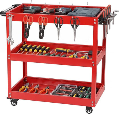 3-Tier Rolling Tool Cart, Heavy Duty Metal Utility Cart with Side Hooks and Handle, 330lbs Capacity Service Organizer for Garage Warehouse Workshop, 28x14x28 Inches, Red