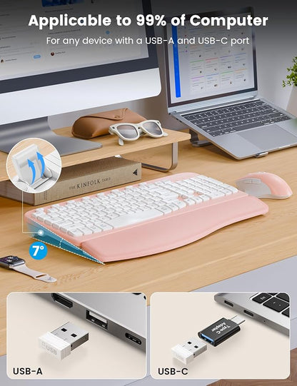 SABLUTE Wireless Keyboard and Mouse Combo, Ergonomic Wave Keys, Cushioned Plam Rest, Comfortable Silent Natural Typing, 2.4G Lag-Free, MA12 Full Size Keyboards Set for Multi-OS, Windows/Mac, Pink