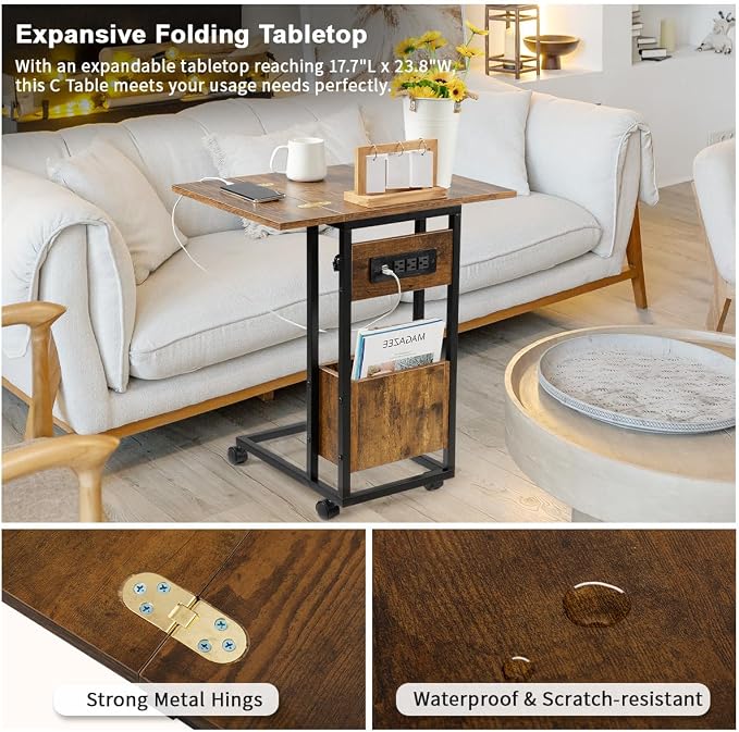 Hadulcet C Shaped End Table with Charging Station & Foldable Tabletop, Folding TV Tray Table with Storage, Laptop Table for Couch, C Table for Sofa, Living Room Bedroom Small Spaces, Rustic Brown