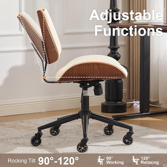 Armless Office Chair with Wheels, Ergonomic Leather Chair, Mid Back 360 Swivel Computer Chair, Modern Walnut Desk Chair for Small Space, Reading, Meeting Room, Beige