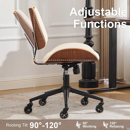 Armless Office Chair with Wheels, Ergonomic Leather Chair, Mid Back 360 Swivel Computer Chair, Modern Walnut Desk Chair for Small Space, Reading, Meeting Room, Beige