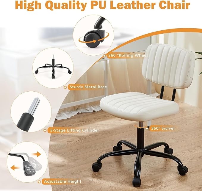 Simple Deluxe Small Desk Chair, Armless Office Chair with Wheels, PU Leather Comfy Computer Task Swivel Vanity Rolling Chairs No Arms for Small Space, Home Office, Beige White