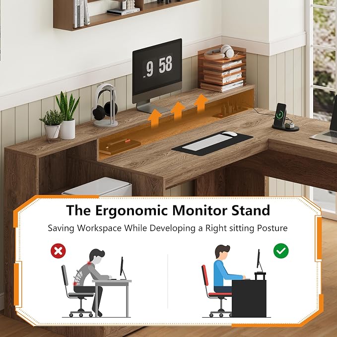 YOMILUVE 63" Farmhouse L Shaped Executive Desk with Drawers & Storage Shelf, Corner Rattan Computer Desk with Power Outlets, L Shaped Office Desk with Monitor Stand, Printer Shelf