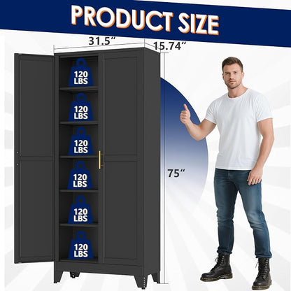 erosoei 75" H Metal Garage Storage Cabinet, Black Metal Pantry Cabinet with 2 Doors, Locker Steel Cabinet with 5 Adjustable Shelves, Freestanding Cupboard for Garage,Office,Home,Gym,School