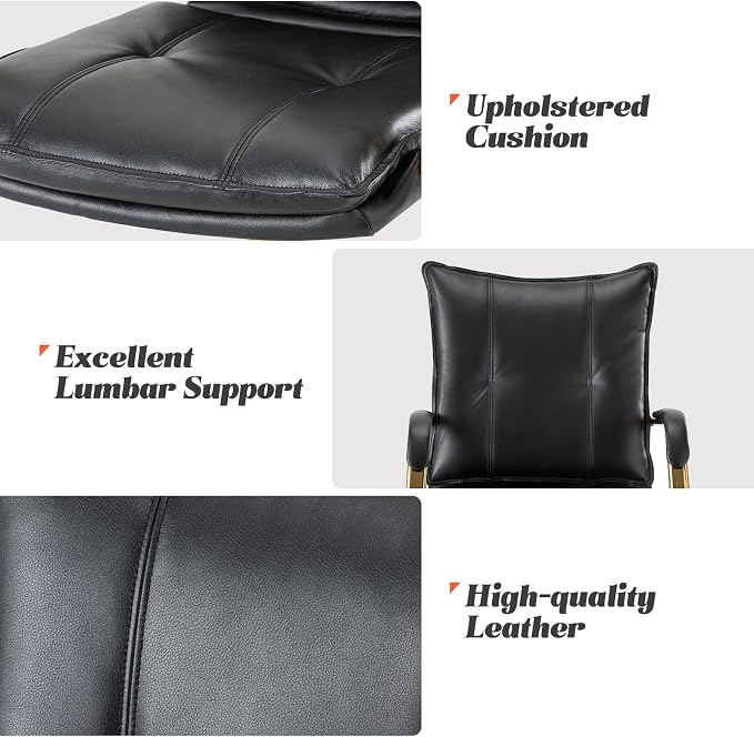 HULALA HOME Faux Leather Home Office Desk Chair, Adjustable Swivel Computer Chair with Golden Legs and Arms, Comfy Upholstered Task Chair, Black