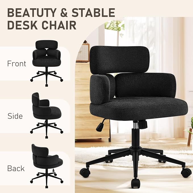Modern Upholstered Office Chair with Wheels, Adjustable Height Swivel Desk Chair with Arms, Comfy Fabric Task Chair for Home Office, Bedroom, Study Room, Rolling Base,Black