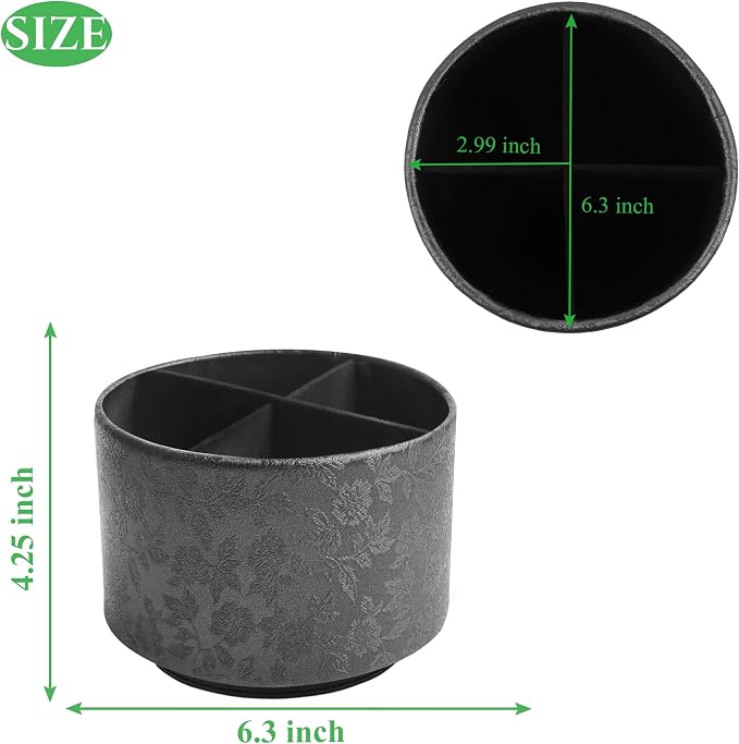 lizimandu Round Leather Art Supply Organizer,Remote Control Holder,360 Degree Spinning,Multi-Functional Pencil Holder,4 Compartments Desktop Stationary Organizer(1-Liuli Black)