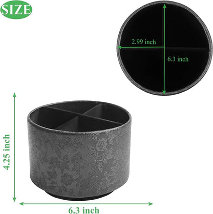 lizimandu Round Leather Art Supply Organizer,Remote Control Holder,360 Degree Spinning,Multi-Functional Pencil Holder,4 Compartments Desktop Stationary Organizer(1-Liuli Black)