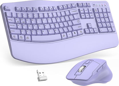 Wireless Keyboard and Mouse Combo, 2.4G Full Size Wave Keys Ergonomic Keyboard with Wrist Rest and 3-Level DPI Adjustable Wireless Ergonomic Mouse for Windows, Mac OS Desktop/Laptop/PC(Purple)