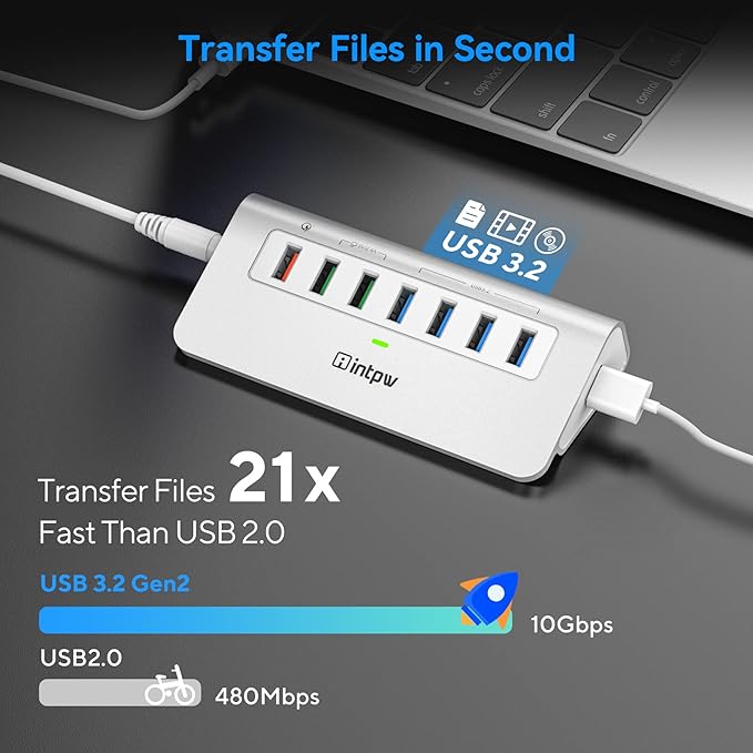 Powered USB Hub 10Gbps, 7 Port USB 3.2 Gen 2 Hub with 4 USB 3.2 Data Ports, 3 Fast Charging Ports, 36W Power Adapter, Type A and Type C Cable, Aluminum USB Hub for Laptop, Mac, PC