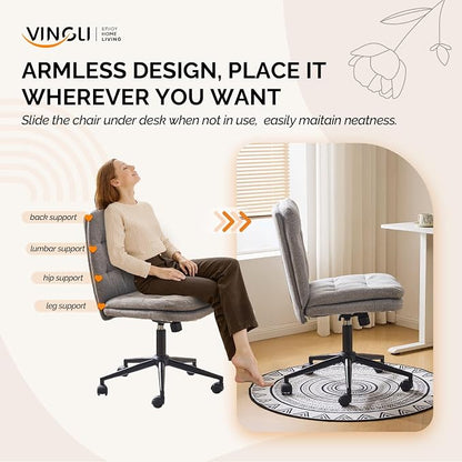 VINGLI Mid Back Armless Office Desk Chair with Wheels/no Wheels,360°Rocking Swivel Vanity Chair with Thickened Cushion,Adjustable Height Rolling for Reading Room, Make up, Linen Dark Grey