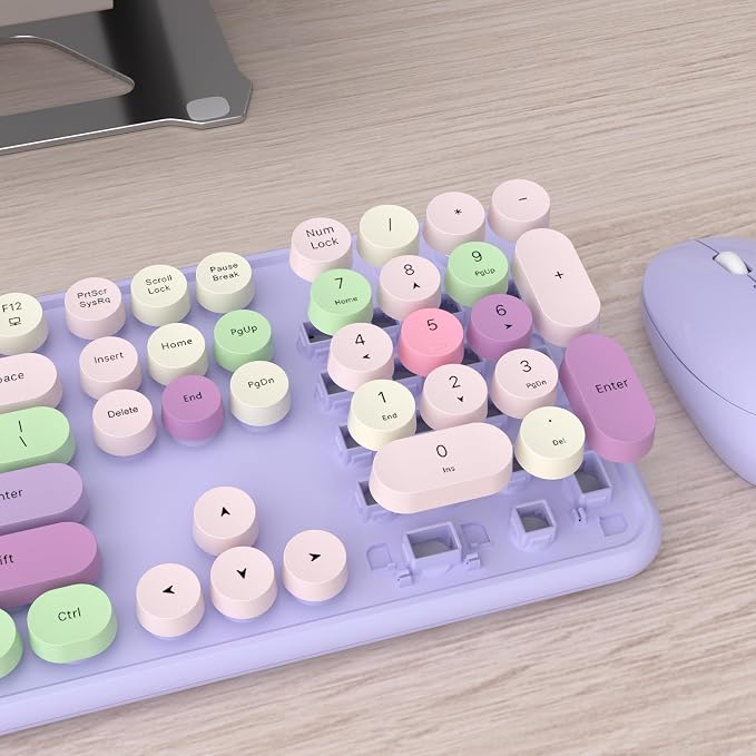 UBOTIE Colorful Wireless Keyboard and Mouse Combos, Retro Typewriter Floating Flexible Full-Sized Keys Computer Keyboard with Optical Mouse, 2.4GHz USB-A Connection for Windows Mac (Purple-Colorful)