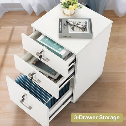 Bonnlo 26" H 3 Drawer File Cabinet with Lock, Rolling File Cabinet Under Desk, Mobile File Cabinets for Home Office, Wood White File Cabinet Printer Stand for Letter Size Hanging/Manila File Folders