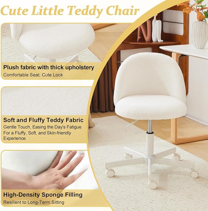 VINGLI Modern Vanity Chair with Back, Velvet Desk Chair for Girls, Small Office Chair with Silent Wheels， Stylish and Comfortable, White