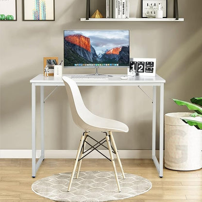 COSTWAY Home Office Computer Desk, 40 inch Modern Simple Writing Study Desk, Metal Frame Gaming Desk, Laptop PC Workstation for Living Room, Bedroom & Study (White)