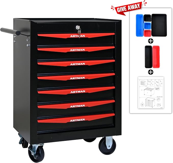 RYH 7 Drawers Rolling Tool Chest - Heavy Duty Mobile Tool Cart with Locking Wheels & Ball Bearing Drawers,30.5" H x 20.9" W x 13" D Garage Tool Storage Cabinet (Black, 7 Drawers)