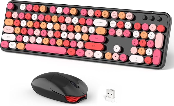 Dilter Wireless Keyboard and Mouse Combo, 104 Keys Full-Sized 2.4 GHz Round Keycap Typewriter Keyboards, USB Receiver Plug and Play, for Windows, Computer, PC, Laptop, Desktop (Black Colorful)