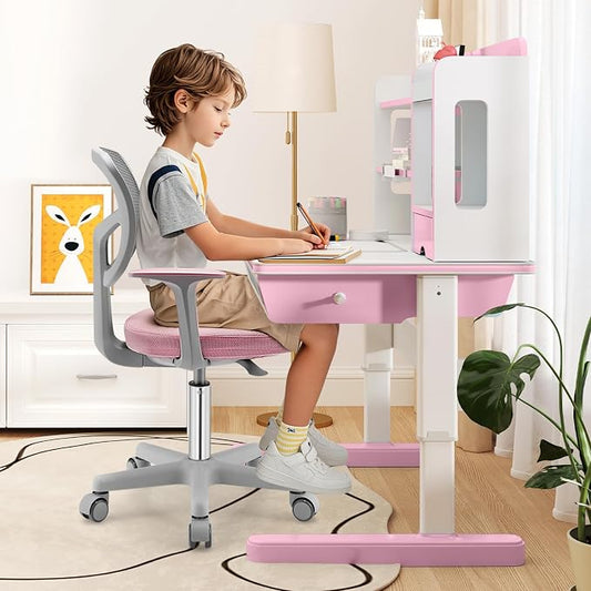 Giantex Kids Desk Chair, Ergonomic Adjustable Teen Task Chair w/Y-Shaped Lumbar Support, Armrest & Universal Wheels, Mesh Kid Office Chair for Sturdy, Kids Computer Chair for Boys & Girls 4-12, Pink