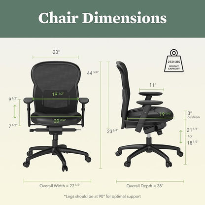HON Wave High Back Ergonomic Office Chair with Leather Seat and Breathable Mesh Back, Adjustable Arms, Synchro‑Tilt Recline and Swivel Wheels for Desk and Computer Use, Black