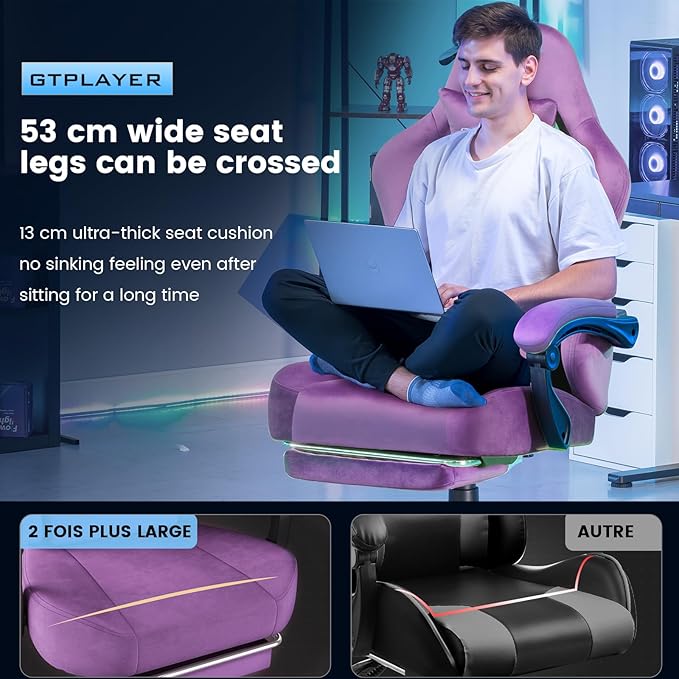 GTPLAYER Big and Tall Gaming Chair 400lbs Heavy Duty Office Chair with FootRest,High Back Pocket Spring Ergonomic Computer Chair for Adults,Wide Comfy Seated Cushion with Linkage Armrests,Light Purple