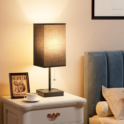 Black Medium Table Lamp with USB Ports - 3 Color Temperature Bedside Lamp for Bedroom, Pull Chain Control, USB A and C Ports, 2 AC Outlets, Bulb Included