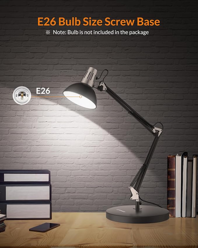 LEPOWER Metal Desk Lamp, Adjustable Goose Neck Architect Table Lamp with On/Off Switch, Swing Arm Desk Lamp with Clamp, Eye-Caring Reading Lamp for Bedroom, Study Room &Office (Black)