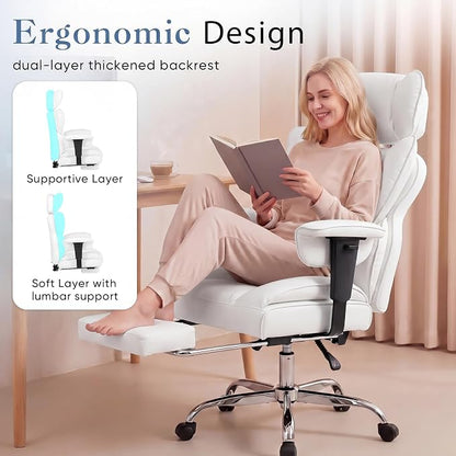 DUMOS Big and Tall Home Office Desk Chair, Ergonomic Executive Chair with Footrest, Computer Gaming Chairs with High Back Reclining, Adjustable Armrests and Comfy Lumbar Support, PU Leather, White