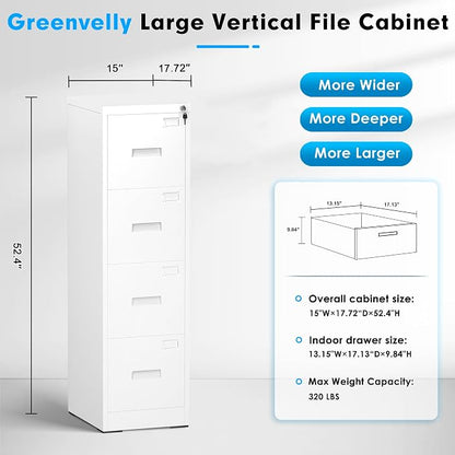Pataku 4 Drawer File Cabinet with Lock, Sturdy Metal Vertical Filing Cabinets for Home Office, Under Desk Paperwork Storage Fully Extendable Slides Letter Legal A4 Size 18x15x52 Inches, White