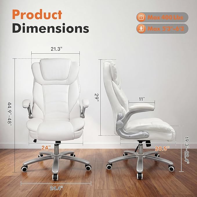 GYI Big and Tall 400lb Office Chair, Leather Executive Desk Chair, White | 24"Wide Seat, High Back, Space-Saving Flip-up Arms, Lumbar Support, Heavy Duty Base, Home, Conference Room