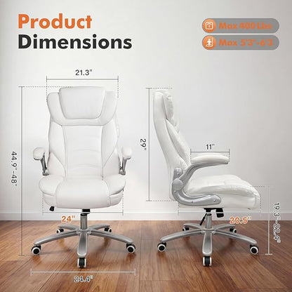 GYI Big and Tall 400lb Office Chair, Leather Executive Desk Chair, White | 24"Wide Seat, High Back, Space-Saving Flip-up Arms, Lumbar Support, Heavy Duty Base, Home, Conference Room