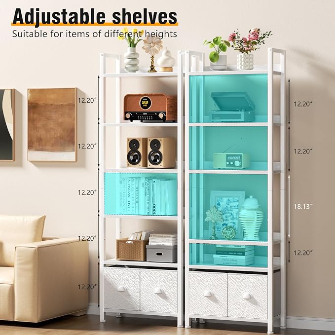 Furologee 6-Tier Bookshelf Set of 2,Tall Bookcase with 2 Drawers and Shelves, Industrial Display Free Standing Shelf Units, Storage Rack Organizer for Bedroom, Living Room, Home Office, White