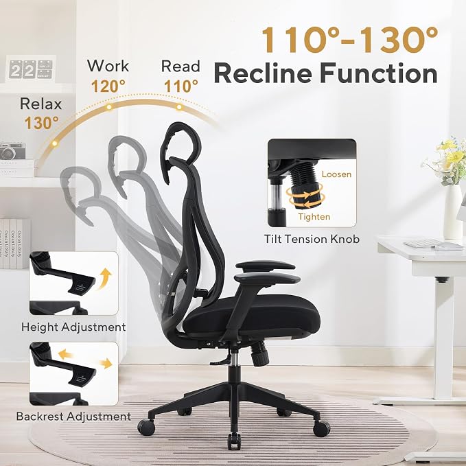 Nouhaus Apertura Ergonomic Office Chair, Home Office Desk Chairs w/Adjustable Lumbar Support & Headrest, Dynamic Back Support, 3D Armrests, High Back Mesh Comfy Computer Chair for Long Hours (Black)