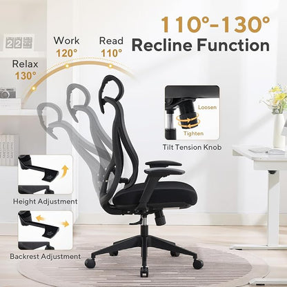 Nouhaus Apertura Ergonomic Office Chair, Home Office Desk Chairs w/Adjustable Lumbar Support & Headrest, Dynamic Back Support, 3D Armrests, High Back Mesh Comfy Computer Chair for Long Hours (Black)