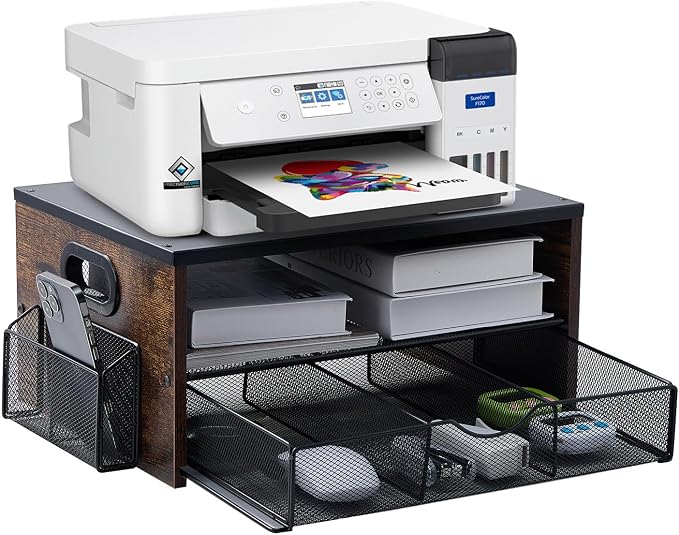 Printer Stand,Desktop Printer Stand with 2-Tier Storage Shelves for Home Office，Desk Organizer with Drawer and 2 Pen Holders for Fax Machine Scanner Files
