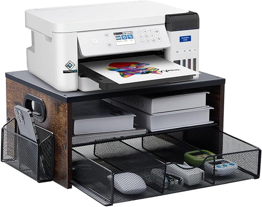 Printer Stand,Desktop Printer Stand with 2-Tier Storage Shelves for Home Office，Desk Organizer with Drawer and 2 Pen Holders for Fax Machine Scanner Files