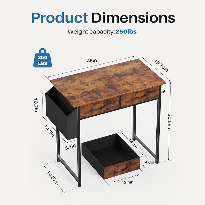 OLIXIS 32 Inch Small Desk with Fabric Drawers for Home Office, Gaming Computer Desk with Side Bag, Headphone Hook Writing Study Work Table for Bedroom Small Sapce, Brown