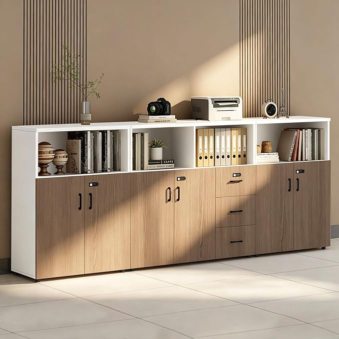 File Cabinet with Password Lock, Wood Lateral Filing Cabinet for Letter/A4 Files, 3 Drawer with Door, Printer Stand with Open Shelves for Home Office