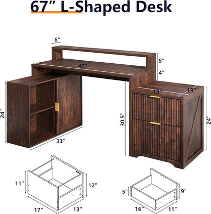 JXQTLINGMU 67" Modern L Shaped Desk with Storage Cabinet & Drawers, Wood Home Office Desk with Power Outlets, Fluted Computer Writing Desk, Dark Walnut