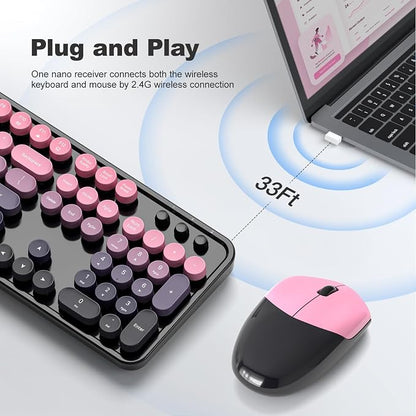Wireless Keyboard and Mouse Combo, 2.4GHz Gradient Colorful Full-Size Retro Typewriter Keyboard with Wireless Mouse for PC/Desktop/Laptop/Windows (Berry Pink)